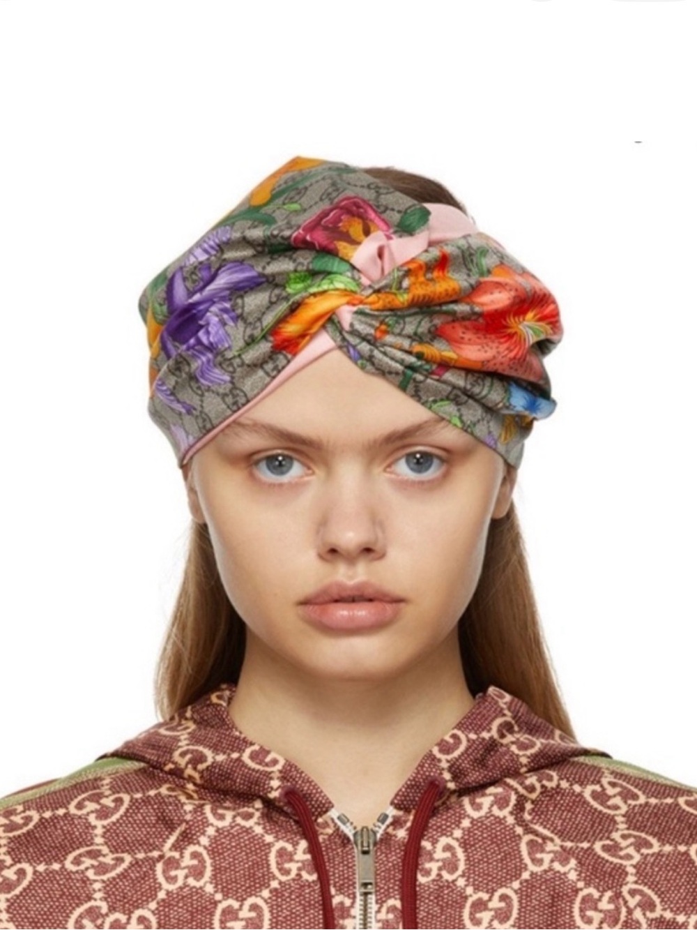Gucci Multicolor Floral GG Silk Scarf with Pink Trim